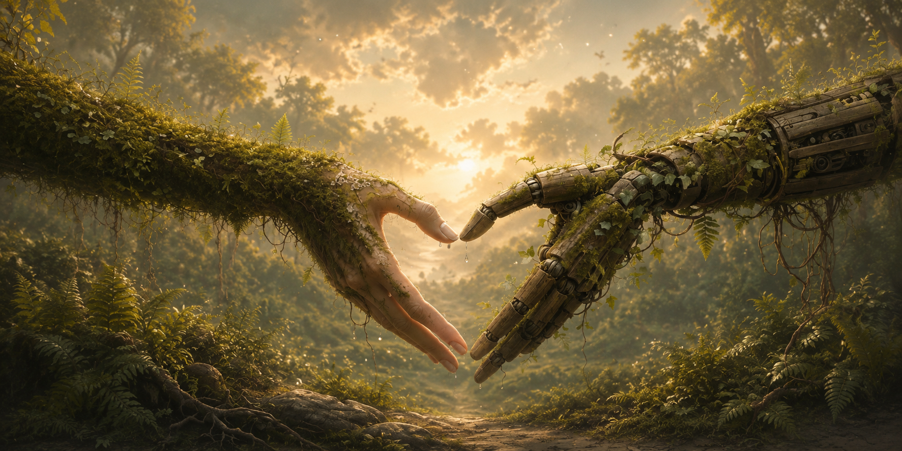 A human hand and a moss-covered mechanical hand reaching toward each other in a luminous forest