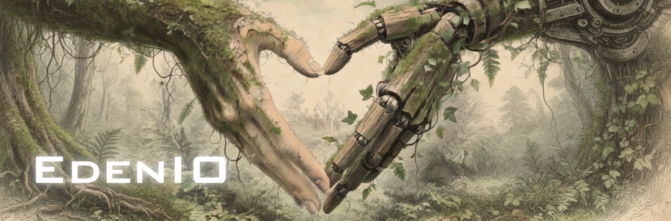 A human hand and a mechanical hand reaching toward each other, covered in moss and ferns, forming a heart